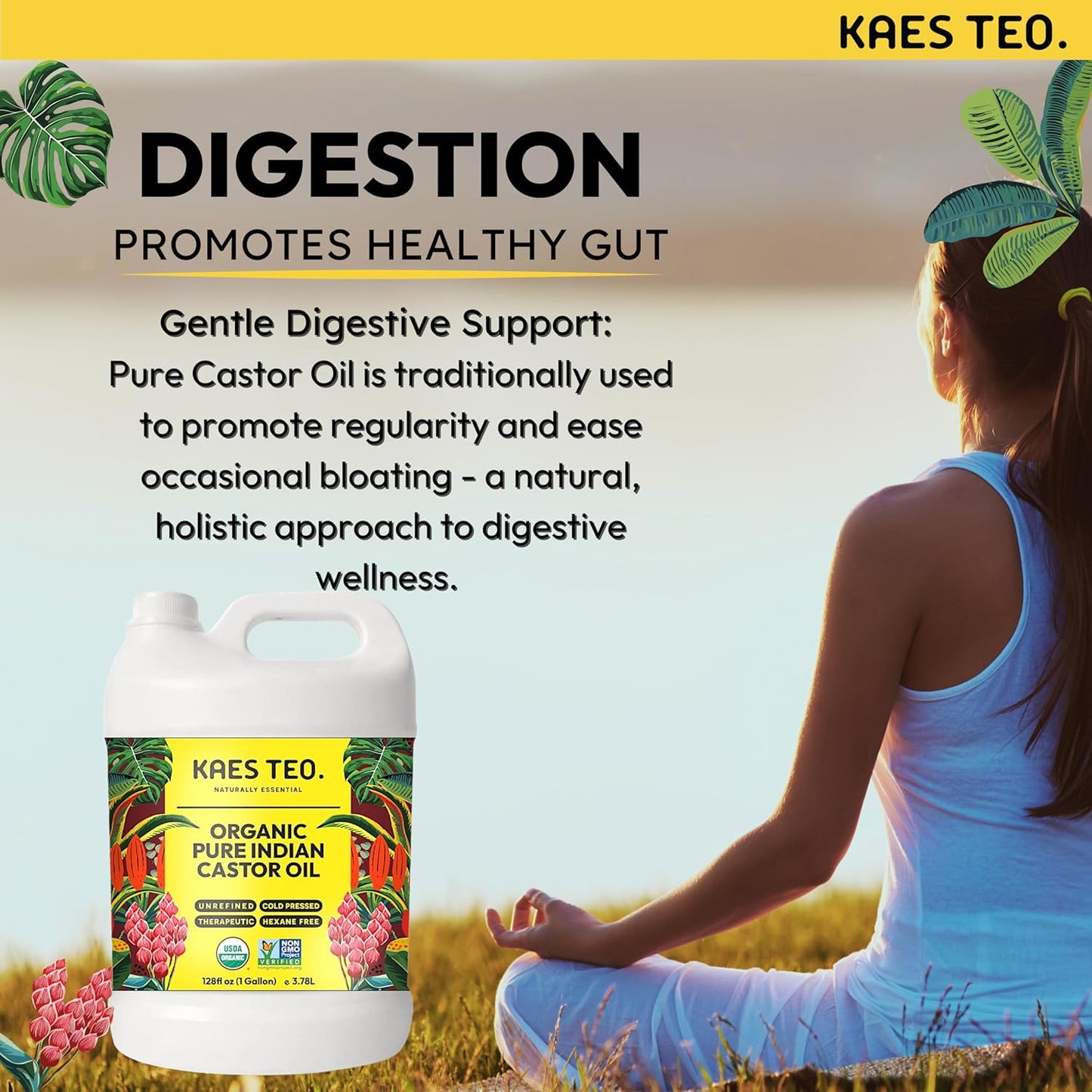 Organic Castor Oil 1 Gallon (128 fl oz) Bulk, 100% Pure Cold-Pressed, Hexane Free, Eyelash, Eyebrow & Hair Growth Serum, Skin Moisturizer, Massage, Hair Loss, Dandruff, Detox and Wraps