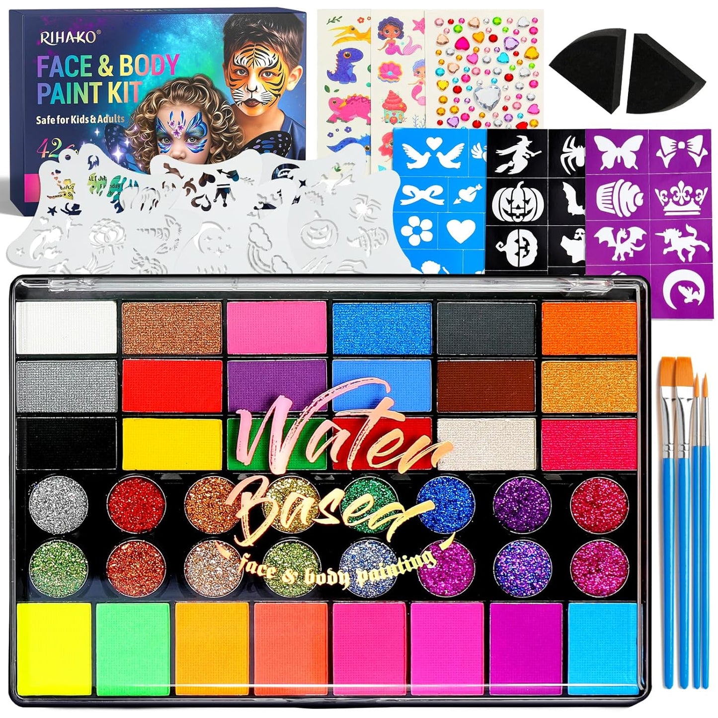 Face Painting Kit for Kids - 42 Colors Professional Face Paint Kit,Non-Toxic face Paint With Stencils, Brush, Gems. For Carnival, Halloween, Costume Makeup and Any Creative Activity with Kids