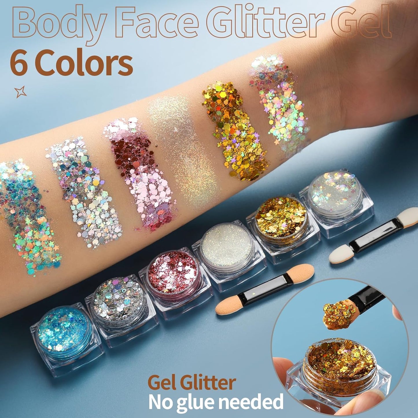 FANDAMEI 6 Colors Face Glitter Gel+ 4PCS Glitter Freckles. Body Hair Face Speckles, Makeup Patches.