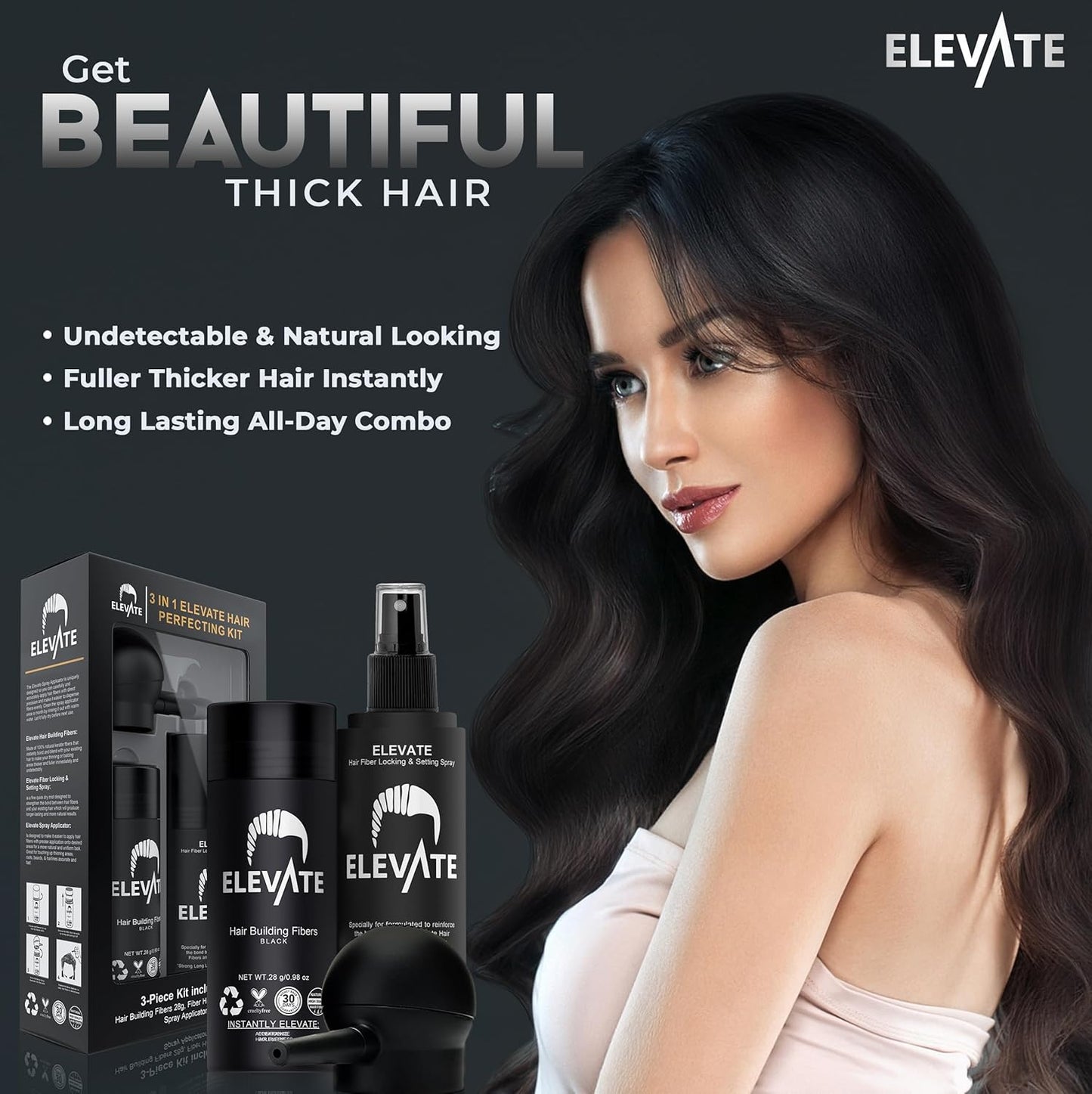 ELEVATE Hair Perfecting 3-in-1 Kit Set Includes Natural Hair Thickening Fibers & Spray Applicator Pump Nozzle & Locking Setting Hold Spray | Instantly Conceal Balding and Thinning Areas (Black)