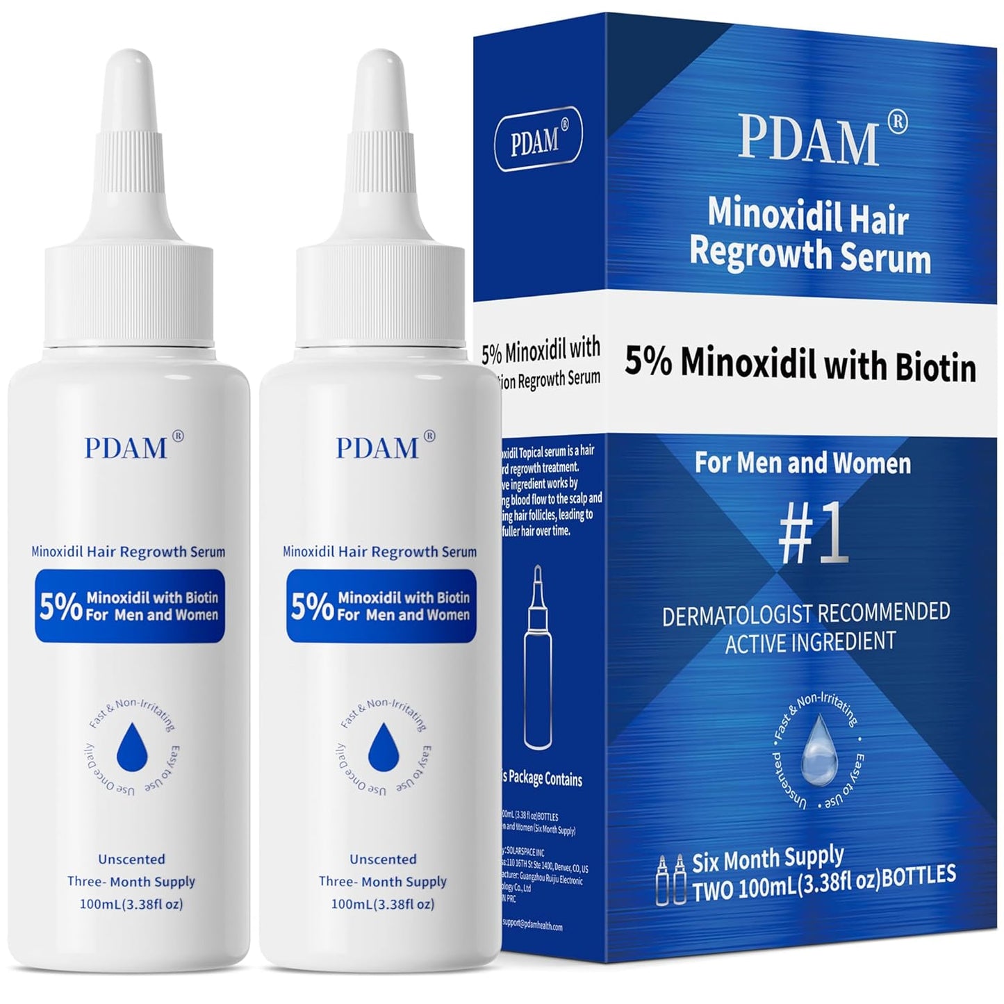 5% Minoxidil with Biotin Hair Growth Serum for Men & Women – Thicker & Healthier Hair, Topical Minoxidil to Restore Fuller Beard, 200ml (100ml×2) with Extra 80ml Volume