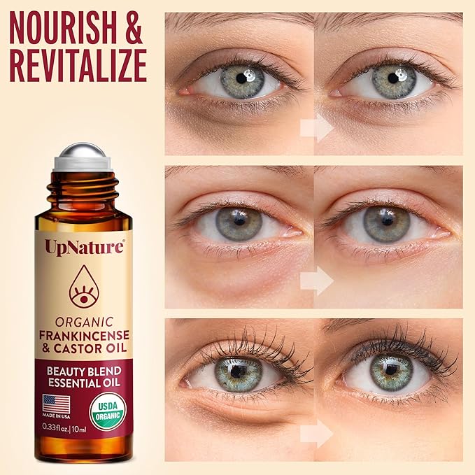 UpNature Beauty Essential Oil Blend Roll On - 100% Organic Castor Oil & Frankincense for Face - Wrinkles Dark Circles Under Eye Roller Ball Rollerball