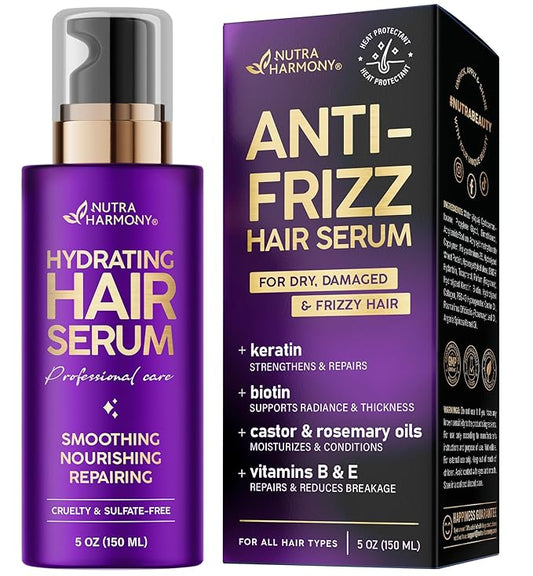 Hydrating Hair Serum for Frizzy and Damaged Hair - Keratin Hair Treatment for Dry Damaged Hair w/ Biotin, Castor Oil, Rosemary Oil, Hair Heat Protectant & Anti Frizz Hair Serum For Frizzy Hair, 5 Oz