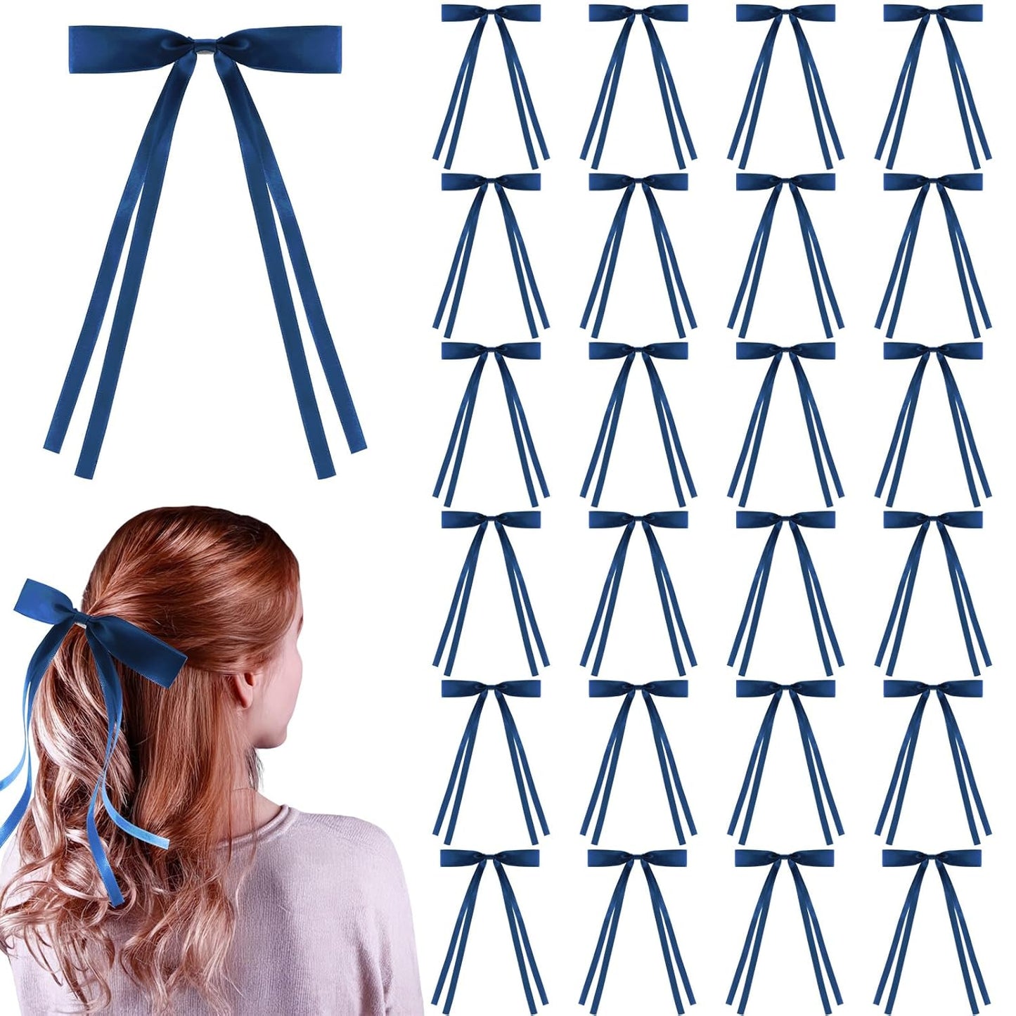 24 PCS Hair Bows Clips Ribbon,Mini Satin Hair Bows With Long Tail for Women and Girls Hairstyle Accessory Gift (Navy Blue)
