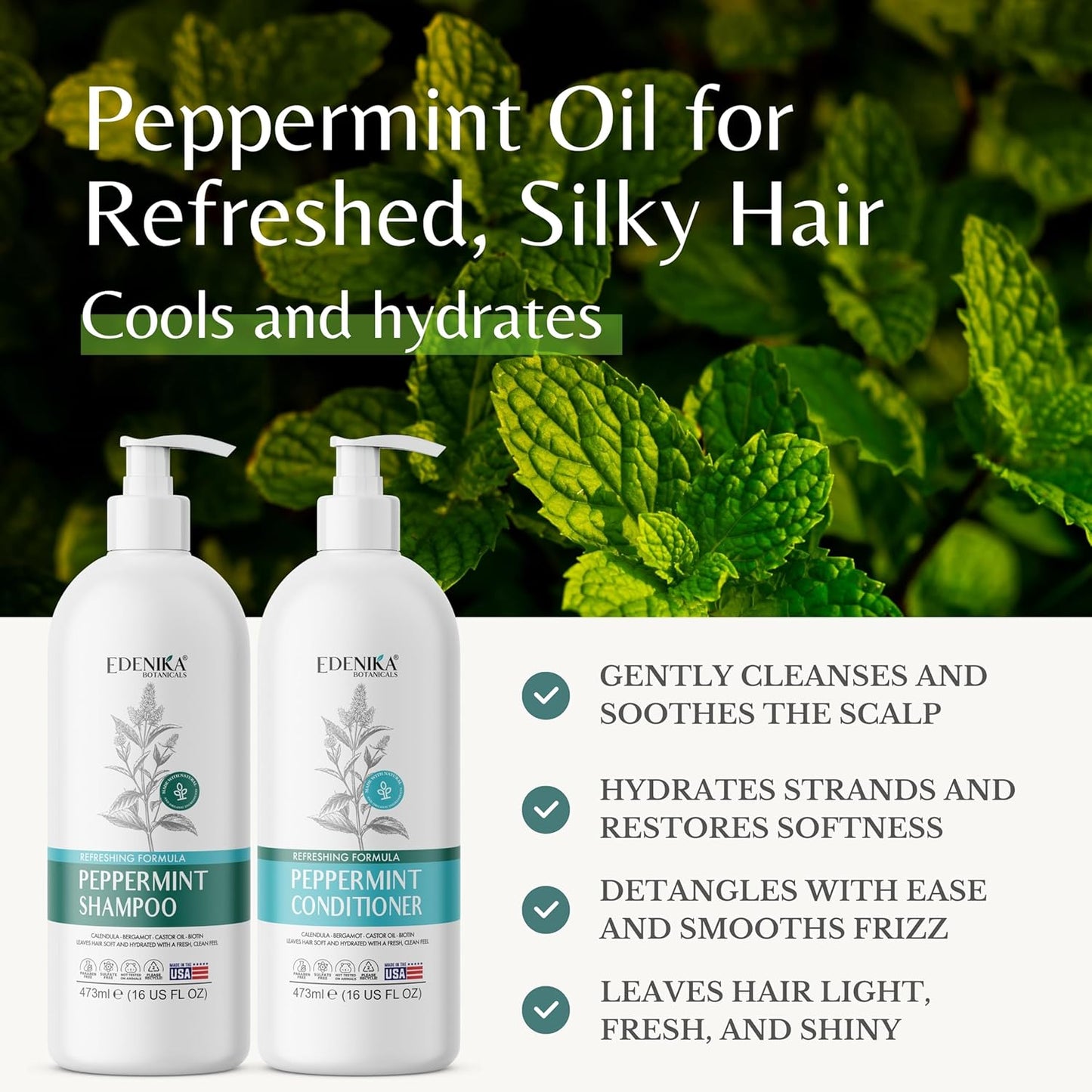Peppermint Shampoo and Conditioner with Castor Oil & Biotin, Soothes Dry, Itchy Scalp, Strengthens Hair, Reduces Thinning & Hair Loss, Promotes Growth, Adds Volume, Sulfate-Free, 16 fl oz Each