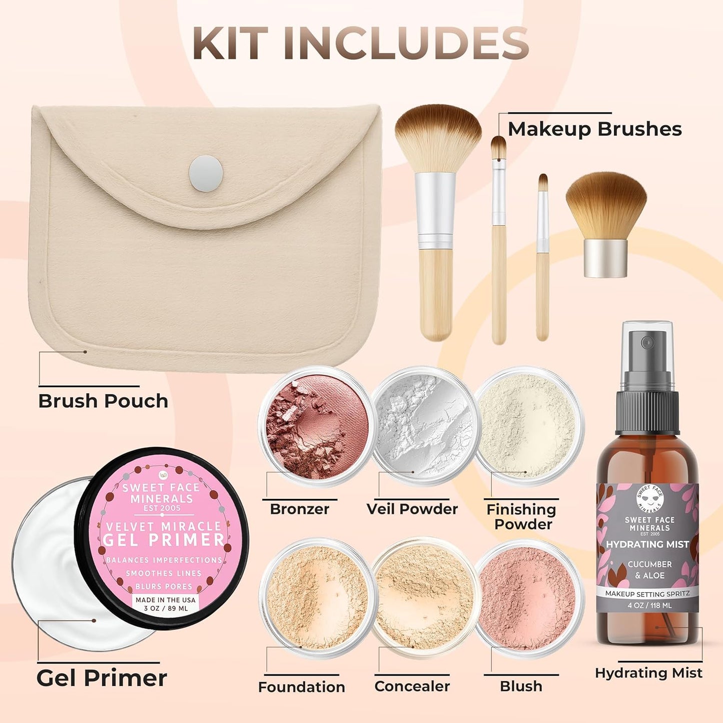 FLAWLESS COMPLEXION KIT (FAIR 1) Full Size Mineral Makeup Set Matte Foundation Bare Face Sheer Powder Cover