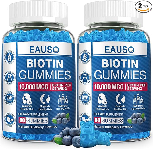 (2 Pack) Biotin Gummies 10,000mcg for Healthy Hair, Skin & Nails for Adults - 120 Gummies Vitamin - Vegan, Non-GMO, Pectin-Based Hair Health Supplement