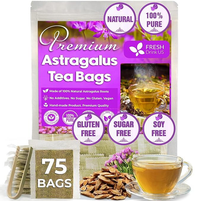 FreshDrinkUS, Premium 75 Astragalus Root Tea Bags, 100% Natural & Pure from Astragalus Root. Astragalus Root Herbal Tea. Made with Natural Material Tea Bags. No Sugar, No Caffeine, No Gluten, Vegan.