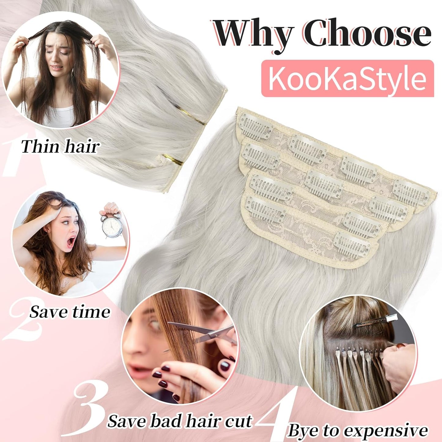 KooKaStyle Clip in Synthetic Hair Extensions Long Wavy 4PCS Thick Hairpieces Silver Grey Blonde Fiber Double Weft Natural Hair Extensions 24 Inch for Women