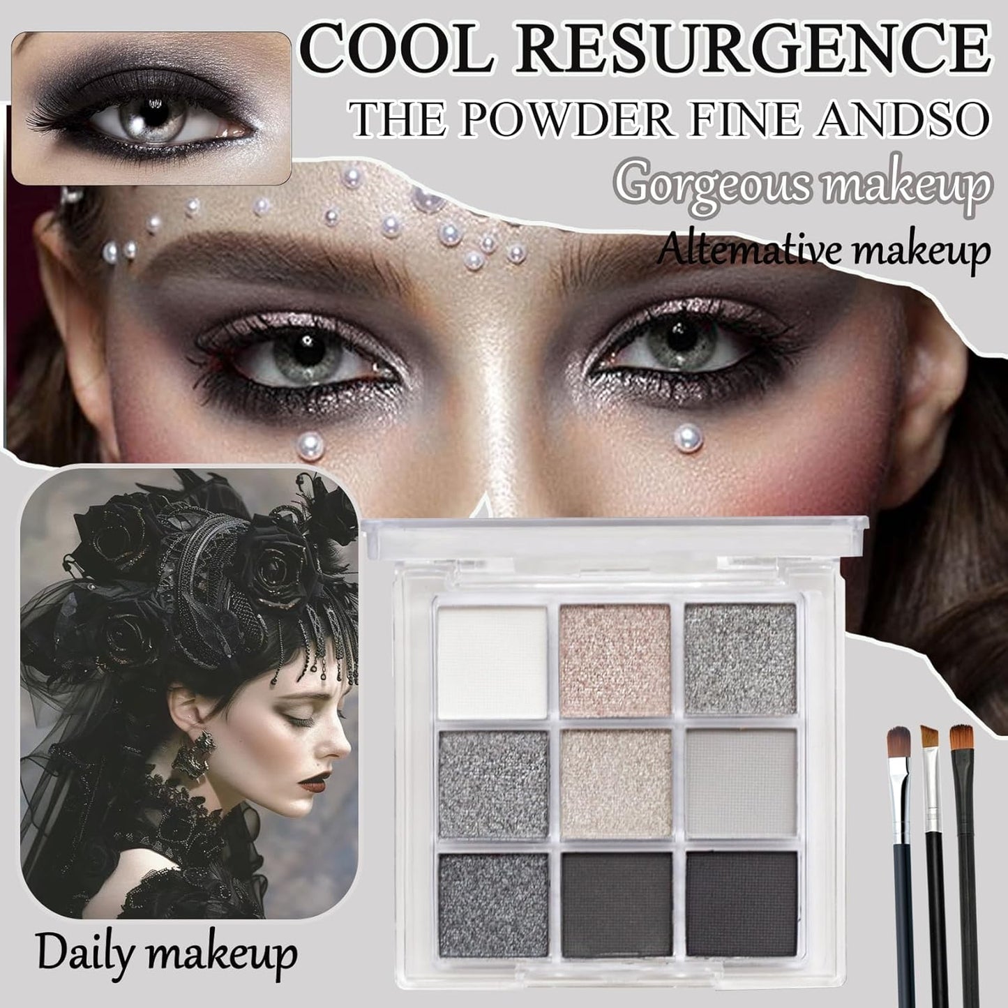 Black Grey Smoky Eyeshadow Palette,15 Colors Matte Shimmer Pigmented Eye Shadow Makeup Palette Set with 3 Eyeshadow Brushes,Glitter Eyeshadow Makeup Palette for Daily Halloween Goth Makeup(D)