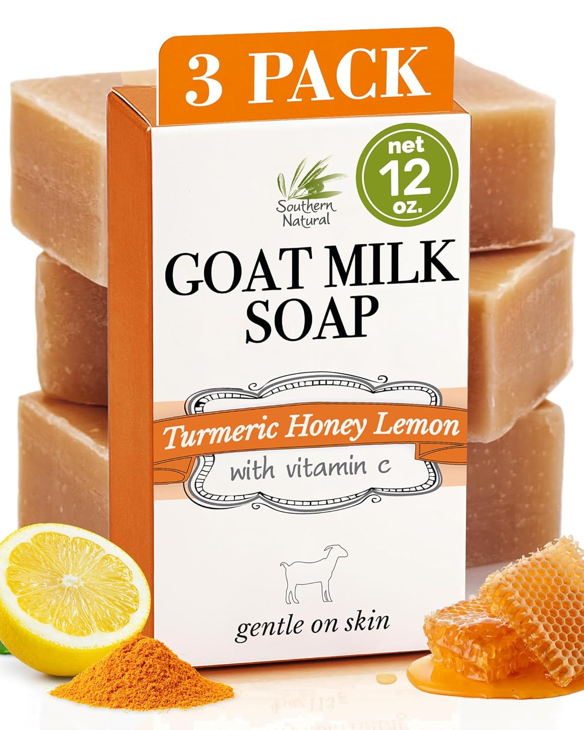 Southern Natural Turmeric Honey Lemon Goat Milk Soap - Handmade, All Natural Turmeric Soap Bar for Face & Body. Gentle Hydration & Nourishment For A Natural Glow & Even Skin Tone, 3 Pack