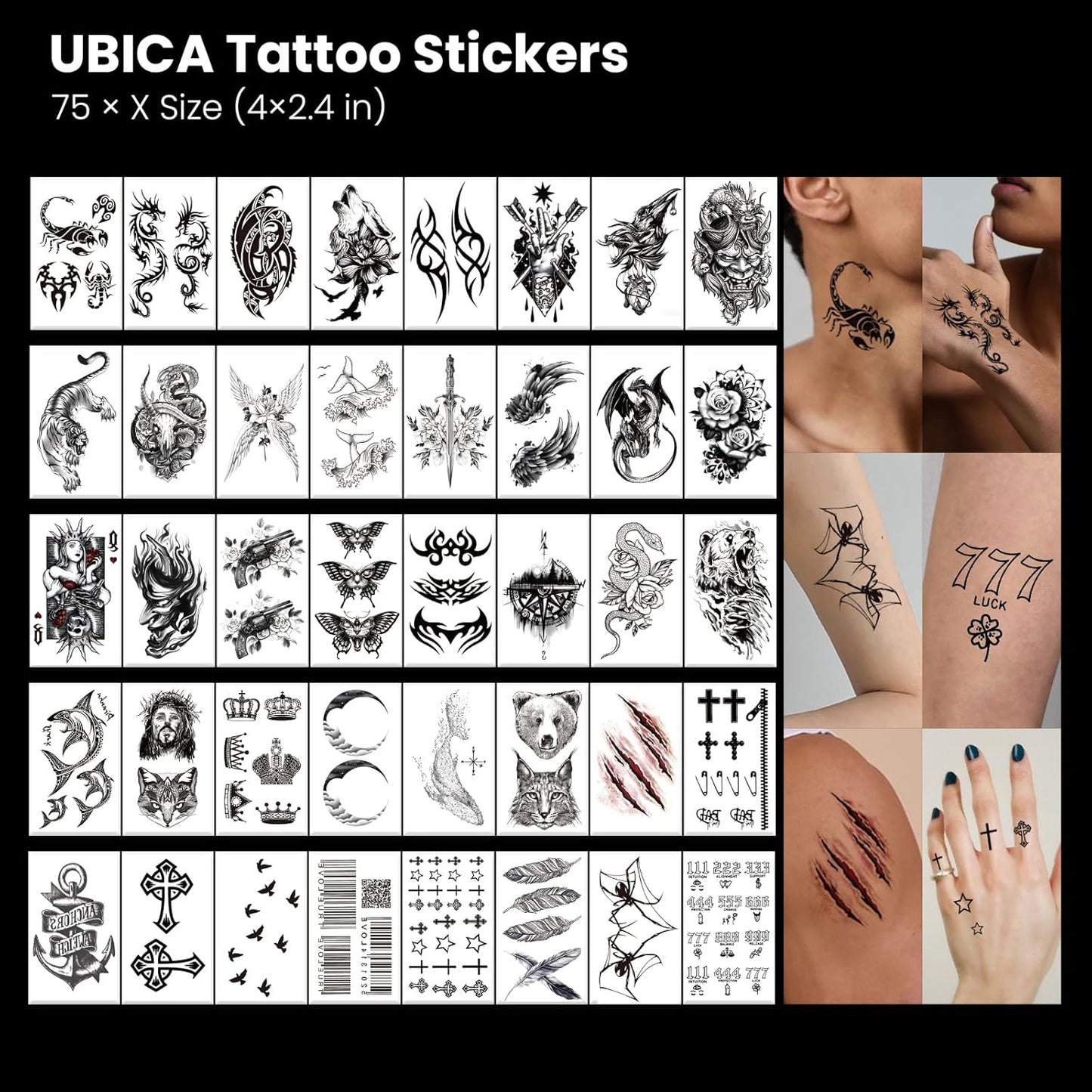 105 Sheets Large Temporary Tattoos For Women Men Adult, Dragon Tiger Wolf Tribal Christian Floral Halloween Fake Tattoo Stickers, Black Realistic Arm, Leg, Hand Body Waterproof Art