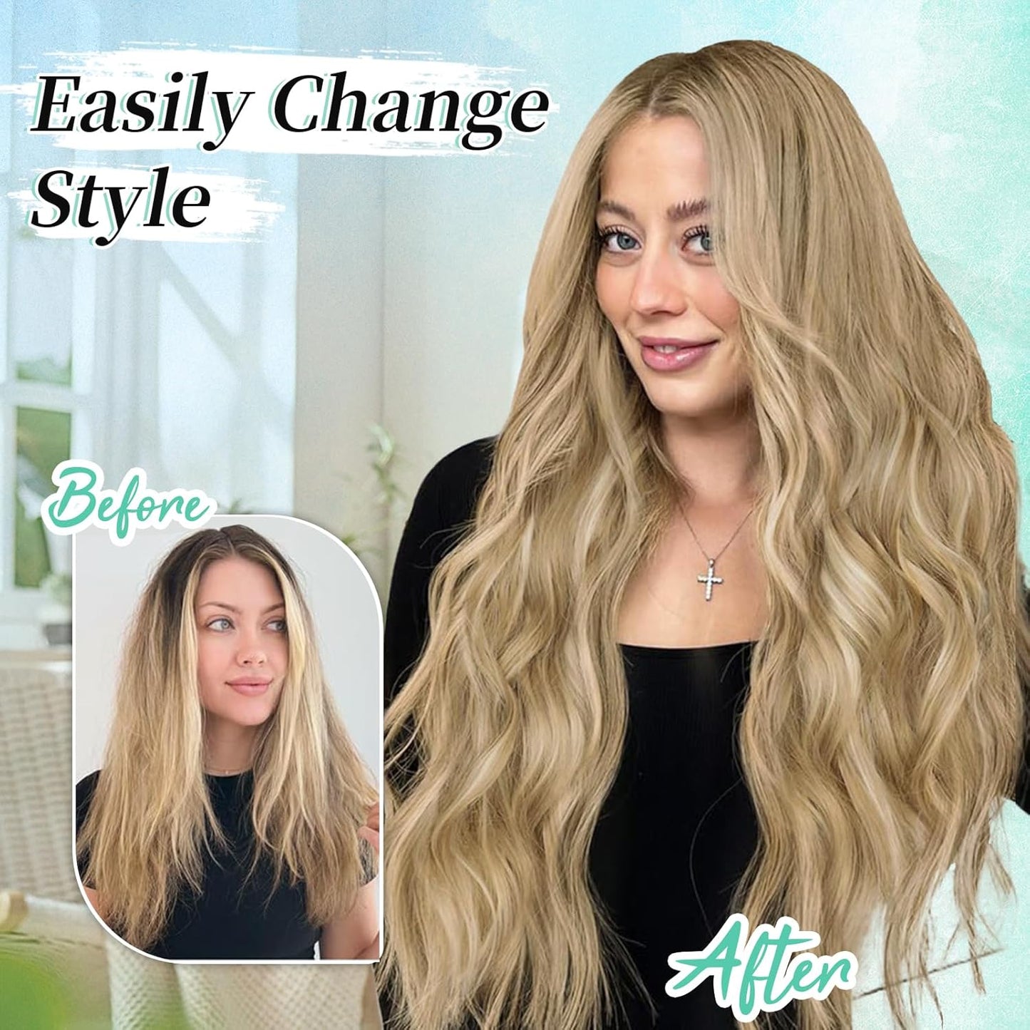 KooKaStyle Clip in Synthetic Hair Extensions Long Wavy 4PCS Thick Hairpieces Light Brown mix Golden Blonde Fiber Double Weft Natural Hair Extensions 24 Inch for Women