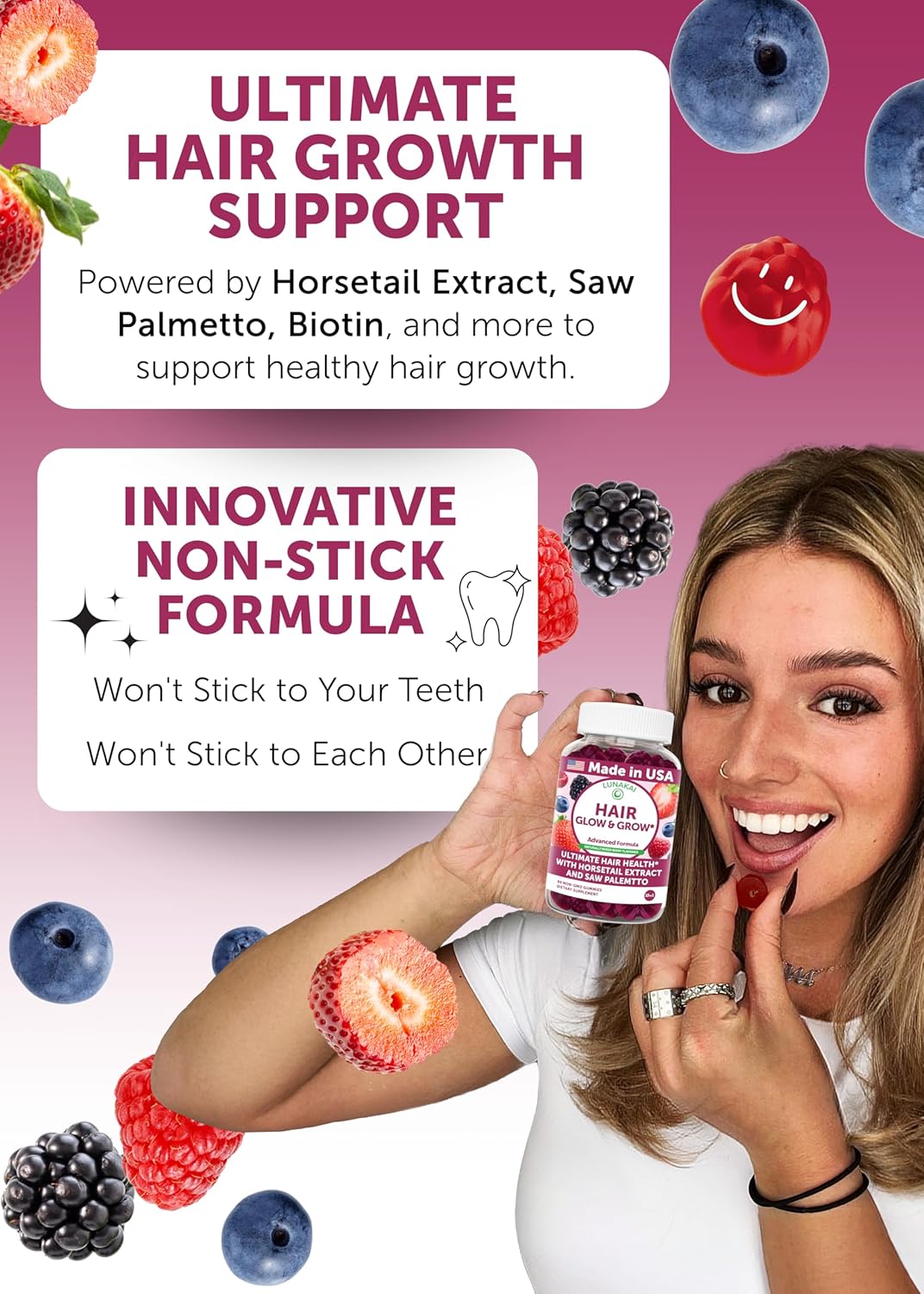 Lunakai USA Made Super Hair Gummies with Biotin, Zinc, Horsetail Extract & Saw Palmetto - Hair Growth Vitamins for Women & Men – Supports Thicker, Longer, Stronger Tresses, Skin & Nails, 60ct