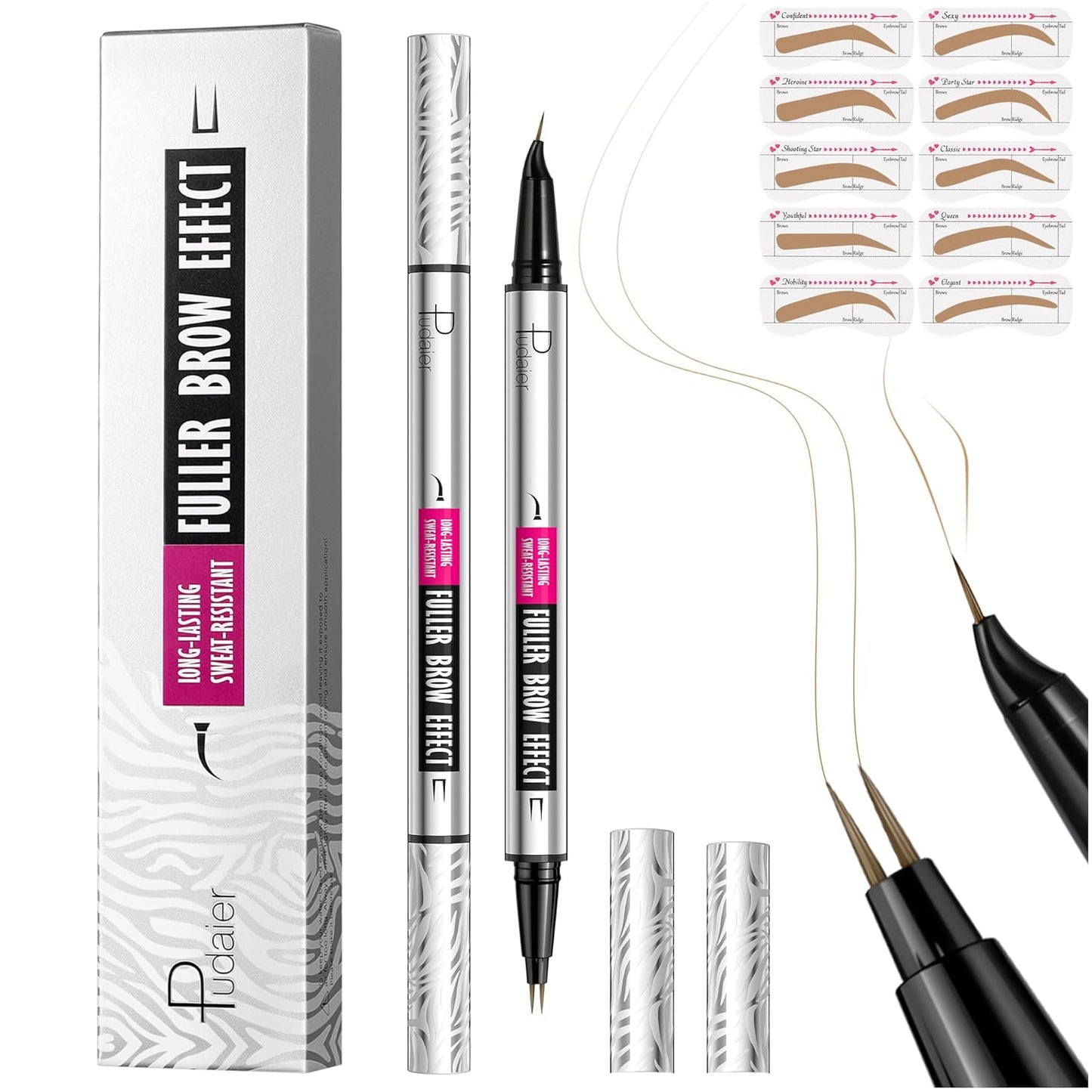 Pudaier 2 Pack 2 Fine Tip Eyebrow Pen, Waterproof Filling Faux Brow Makeup Pencils for Women with Precise Curved Brush-Tip to Fast Create Natural Hair-Like Brows, Last All-Day (Light Blonde)