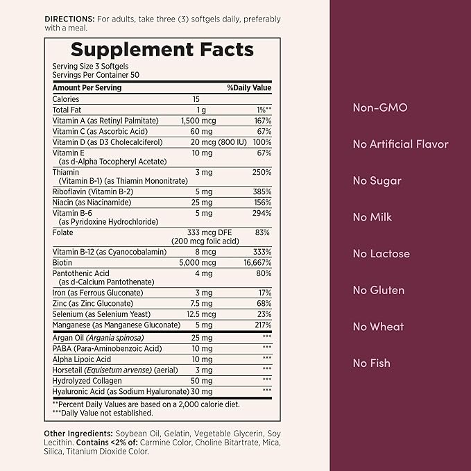 Nature's Bounty Advanced Hair, Skin & Nails, Argan-Infused Vitamin Supplement with Biotin and Hyaluronic Acid, 150 Rapid Release Softgels, 50 Total Servings