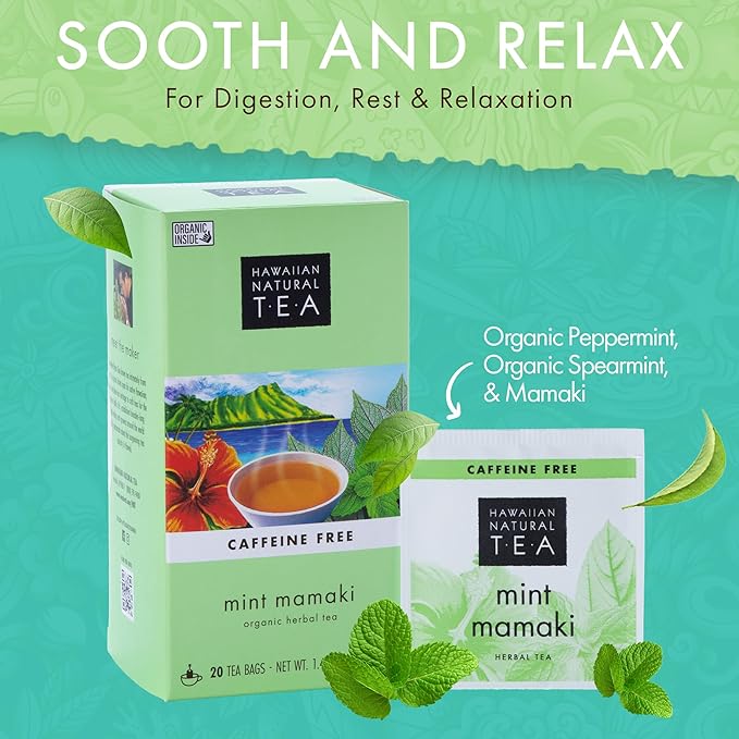 Hawaiian Natural Tea Organic Mamaki Mint Tea Blend - Caffeine Free Herbal Tea - Antioxidant-Rich, Calming, Wellness Tea for Bedtime, Anxiety & Stress - Gift for Tea Lovers - 60 Tea Bags