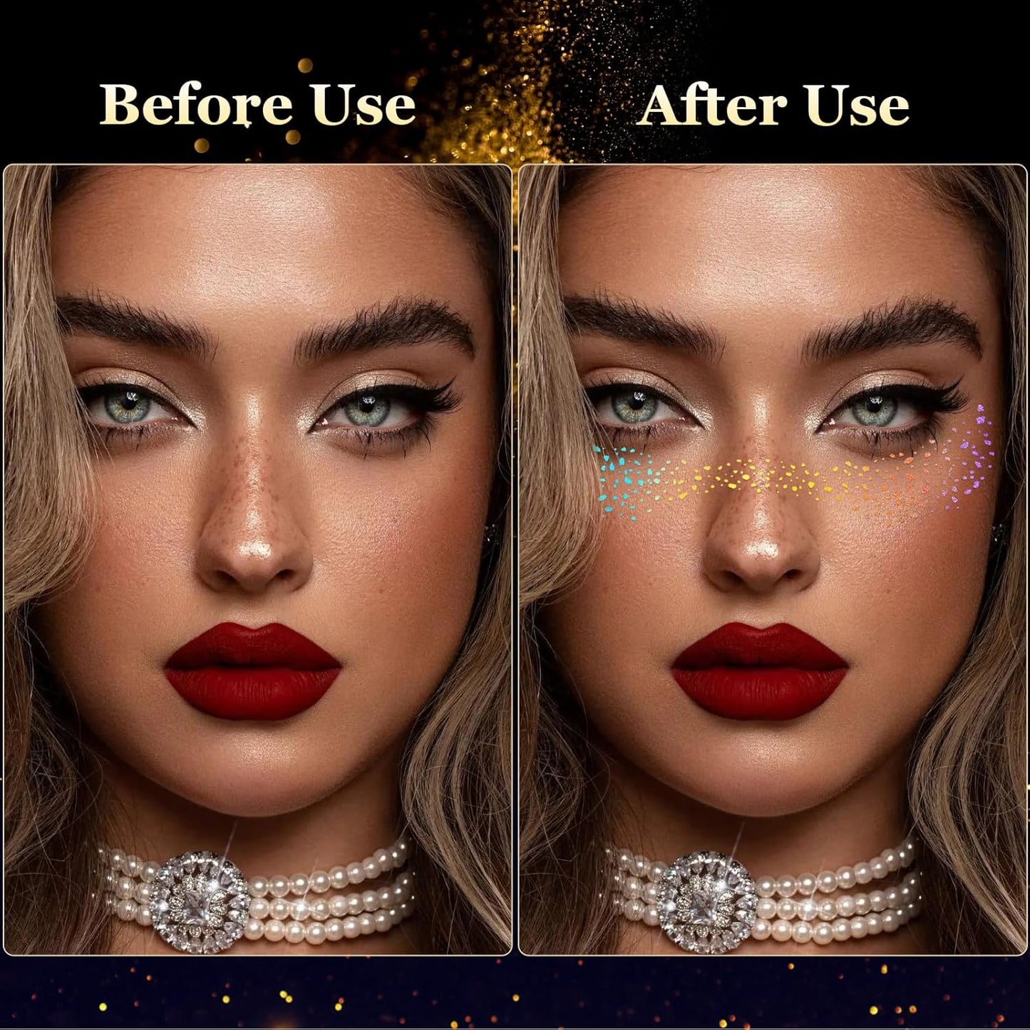 HyperFun 12Pcs Face Glitter Freckles, Face Glitter Fake Freckles Sticker, Gold Holographic Multichrome Waterproof Sparkle Freckles Makeup Patches for Women Rave Festival Accessories Concert Party Prom