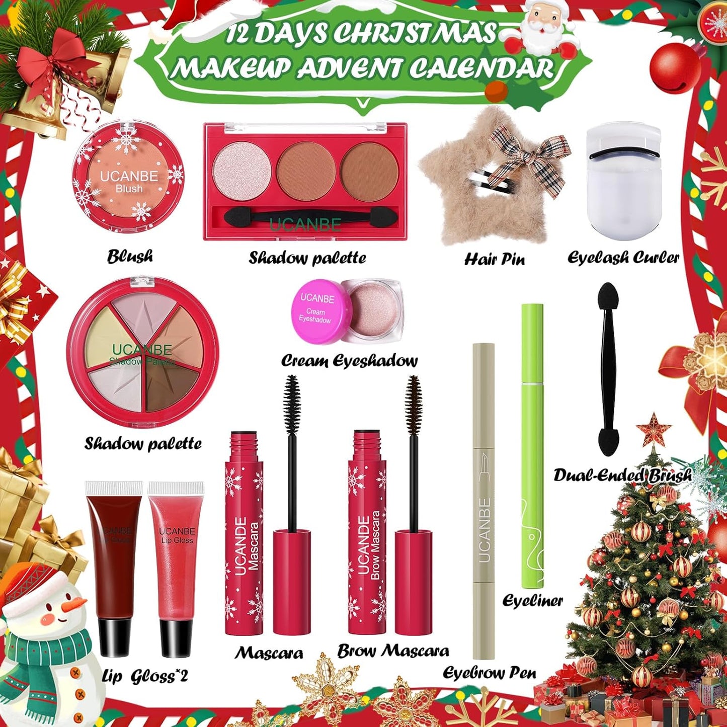 UCANBE Makeup Advent 2025, 12 Days Christmas Countdown Calendar Surprise Gift Kit, Festival Holiday Xmas Cosmetic Starter Makeup Set with 12 Beauty Boxes for Teens Girls Women