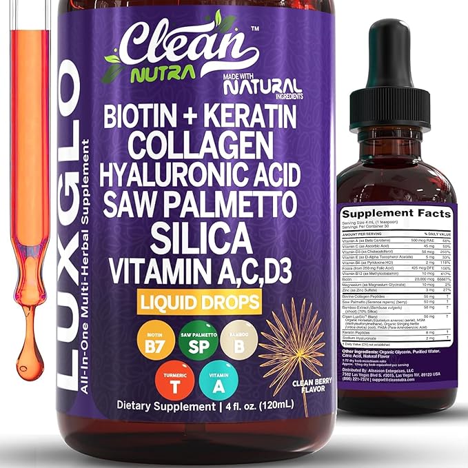 Biotin Liquid Drops Collagen Keratin Hyaluronic Acid Saw Palmetto for Hair Skin and Nails Silica Vitamin A C Vitamin D Bamboo Turmeric Zinc Folate Magnesium Horsetail LuxGlo by Clean Nutra - 5Pack