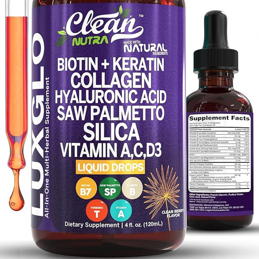 Biotin Liquid Drops Collagen Keratin Hyaluronic Acid Saw Palmetto for Hair Skin and Nails Silica Vitamin A C Vitamin D Bamboo Turmeric Zinc Folate Magnesium Horsetail LuxGlo by Clean Nutra - 3Pack