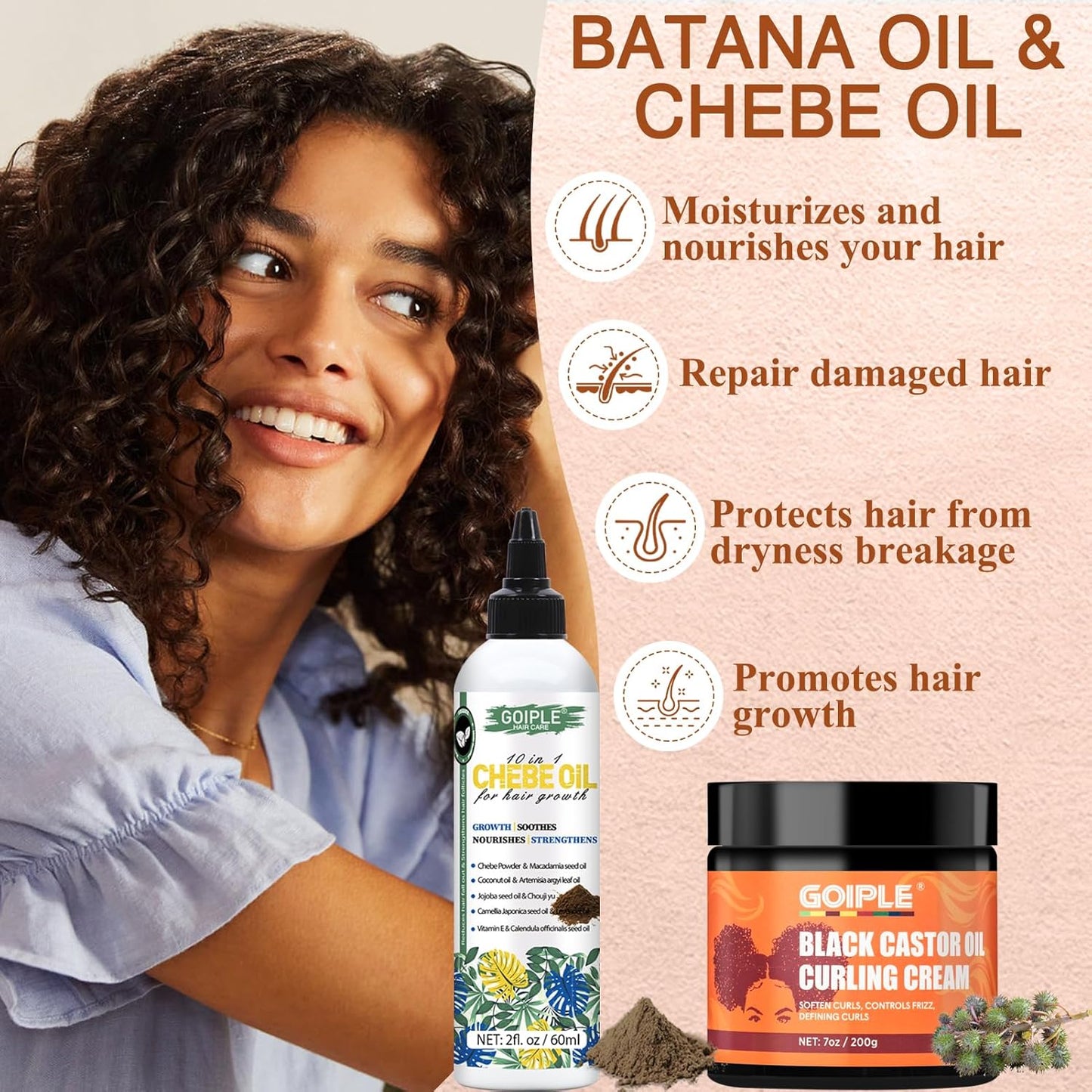 Black Castor Oil Curl Cream - Chebe Oil Promotes Hair Growth, Softens Curls, Controls Frizz, Deeply Moisturizes and Repairs Damaged Hair