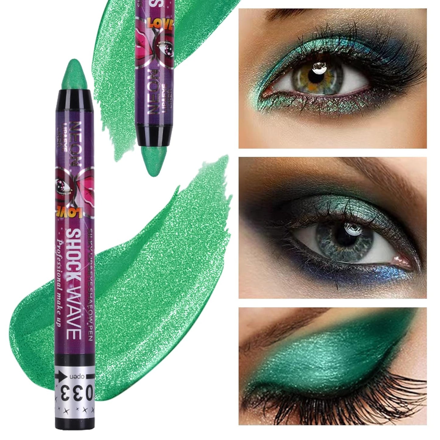 MEICOLY 2Pcs Green Eyeshadow Stick for Halloween Wicked Witch Elphaba Makeup,Metallic Shimmer Green Eye Shadow,Waterproof Shiny Bright Rotating Glitter Eyeshadow,St Patricks Day Accessories Eye Makeup