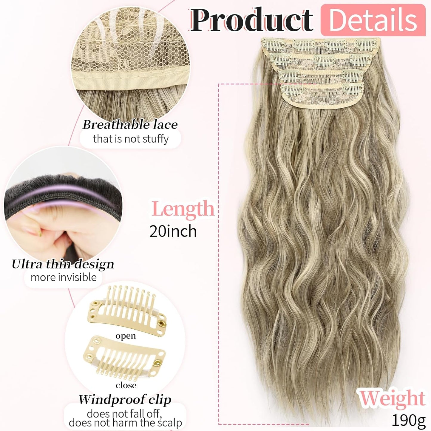 KooKaStyle Clip in Synthetic Highlight Hair Extensions Long Wavy 4PCS Thick Hairpieces Ashy Beige Blonde Balayage Fiber Double Weft Natural Hair Extensions 20 Inch for Women