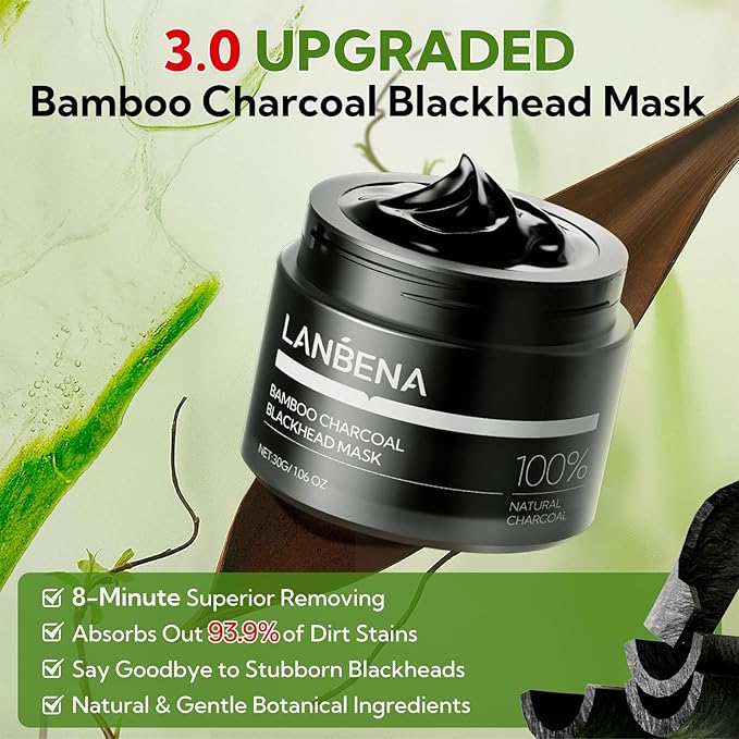 LANBENA Blackhead Mask, Upgraded 2.0 Bamboo Charcoal Nose Pore Strips, Black Head Remover Mask for Face, Puntos Negros, Deep Cleansing for All Skin Types, 30g+60pcs paper (Black)