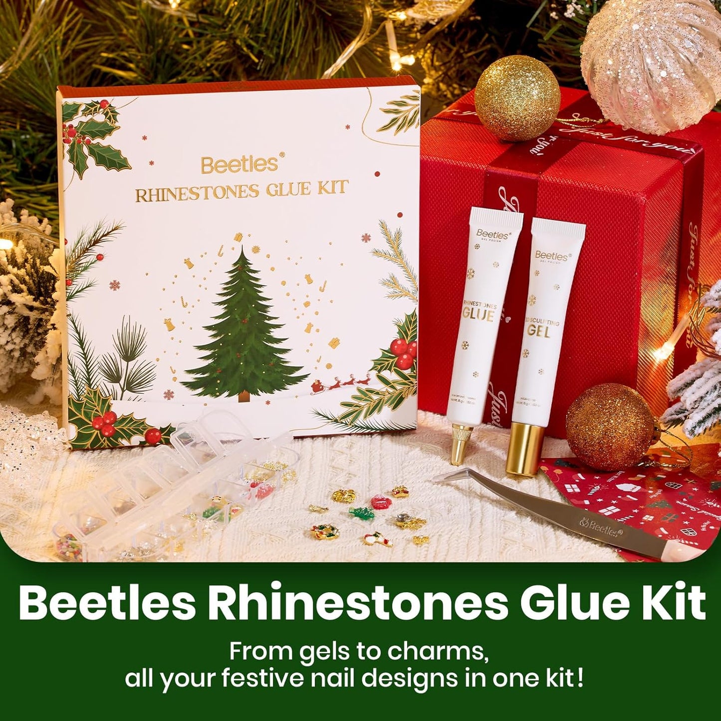 Beetles Christmas Rhinestones Glue Kit - Christmas Limited with 3D Sculpting Gel, Strong Nail Art Gem Glue &Tool for Crystals Pearls Charms Christmas Nail Art DIY Decoration Gift for Women