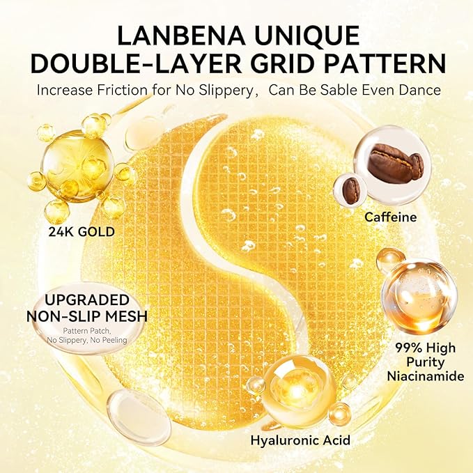 LANBENA 24K Gold Under Eye Patches(30 Pairs) -Cooling Eye Masks for Fine Lines Reduce, with Caffeine Niacinamide Tetrapeptide Hydra-Gel Collagen, Puffy Eyes & Dark Circles & Eye Bags Treatment