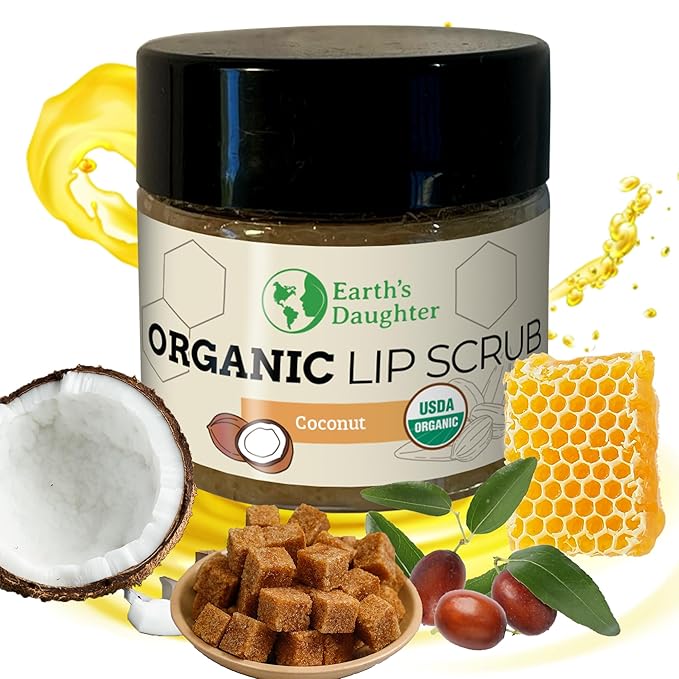 Earth's Daughter Organic Coconut Lip Scrub 0.7 oz - USDA Organic, Fair Trade, Sugar, Jojoba Oil, Beeswax, Coconut Oil, Calendula Extract