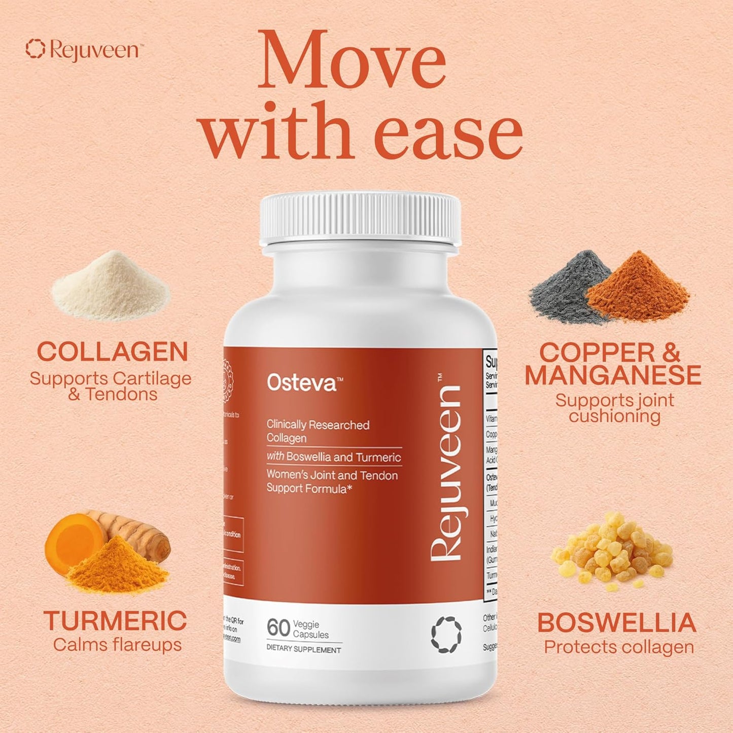 Osteva Joint Support Supplement for Women | High Potency Collagen, Turmeric, Boswellia | for Flexible Cartilage & Tendons, Resilient Knees & Hip, Improved Mobility | Non-GMO, 60 Ct