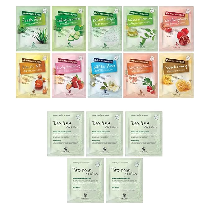 10 Bundle and Tea Tree Korean Face Sheet Mask- Soothing, Hydrating, Calming Skin Care for All Skin Types (15Pack)