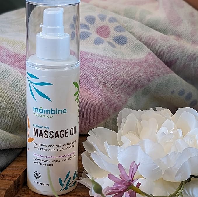 Massage Baby Oil – Organic, Nourishing with Egyptian Calendula, Chamomile & Lavender – Gentle for After-Bath Relaxing – Cruelty-Free Baby Oils for Baby & Kids by Mambino Organics, 2-Pack 5 fl oz