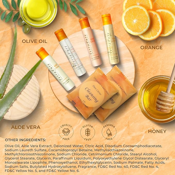 Terra Pure Amenity & Accessory Kit |1 oz Travel Size Shampoo, Conditioner, Lotion, Body Wash, 2 Cleansing Bars, Shave & Dental Sets, Make-Up Remover Wipes, & Vanity Kit | 15 sets per case