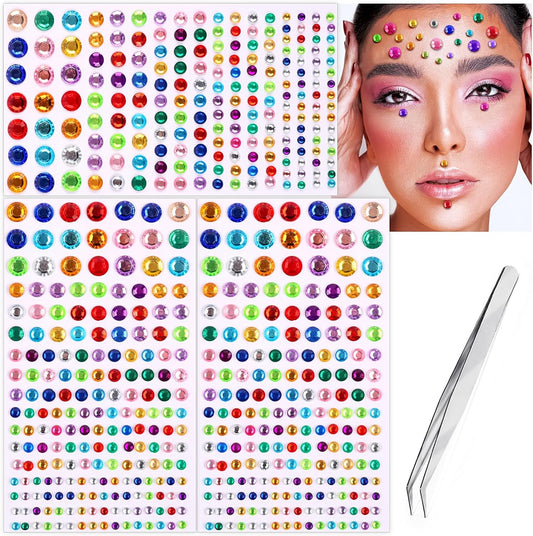 591pcs Face Gems Hair Gems Pearls, Self-Adhesive Face Jewels Eye Rhinestones 3/4/5/6/8 mm Face Gem Stick on, Halloween Makeup Gems Rave Accessories for Face Eyes Body Makeup (05.Color)