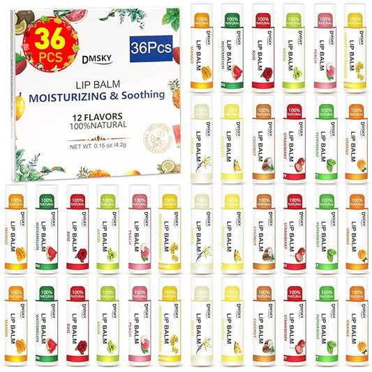 DMSKY 36 Pack Lip Balm, Natural Lip Balm Bulk with Vitamin E and Coconut Oil, Moisturizing Lip Balm for Chapped Lips, Bulk Lip Balm for Women-12 Flavors