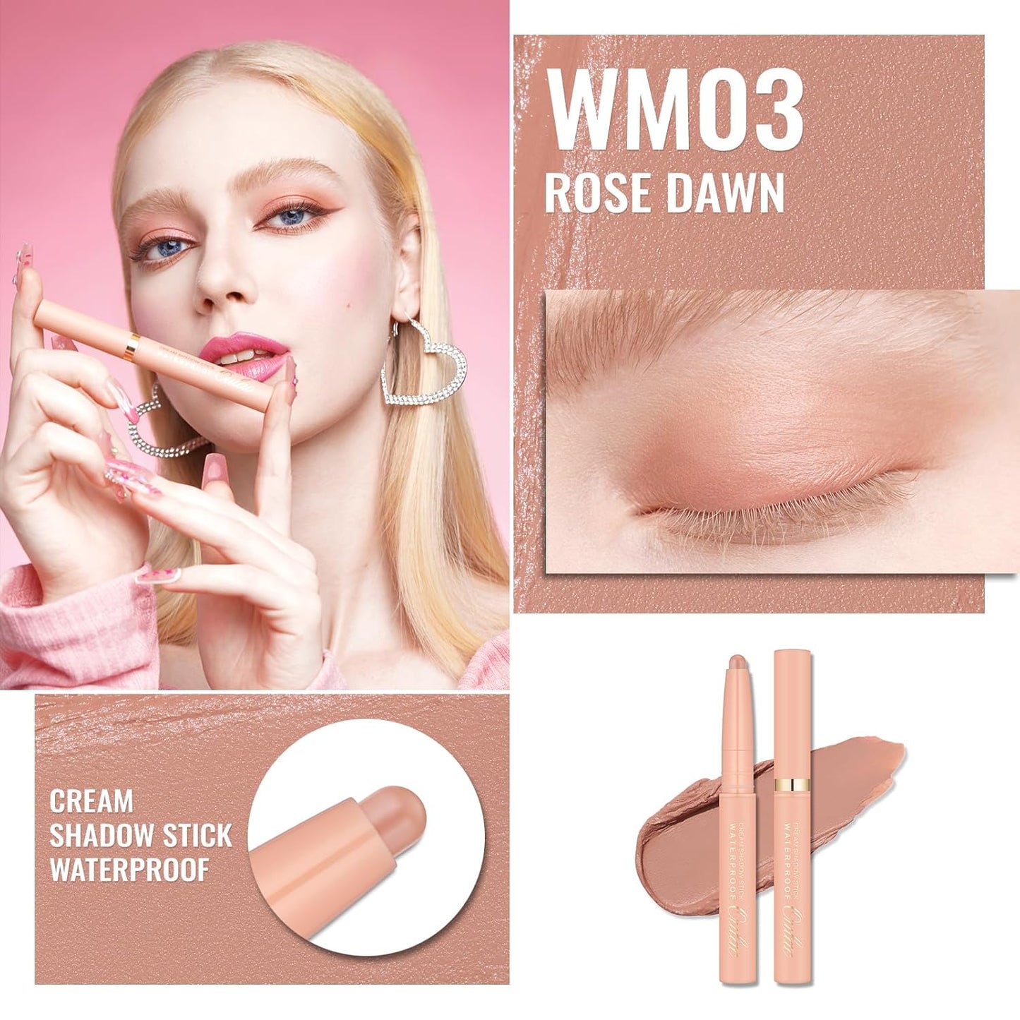 Oulac Nude Rose Eyeshadow Stick – Twist-Up Creamy Crayon, Waterproof & Blendable, Vegan & Cruelty-Free, 1.25g, WM03 Rose Dawn