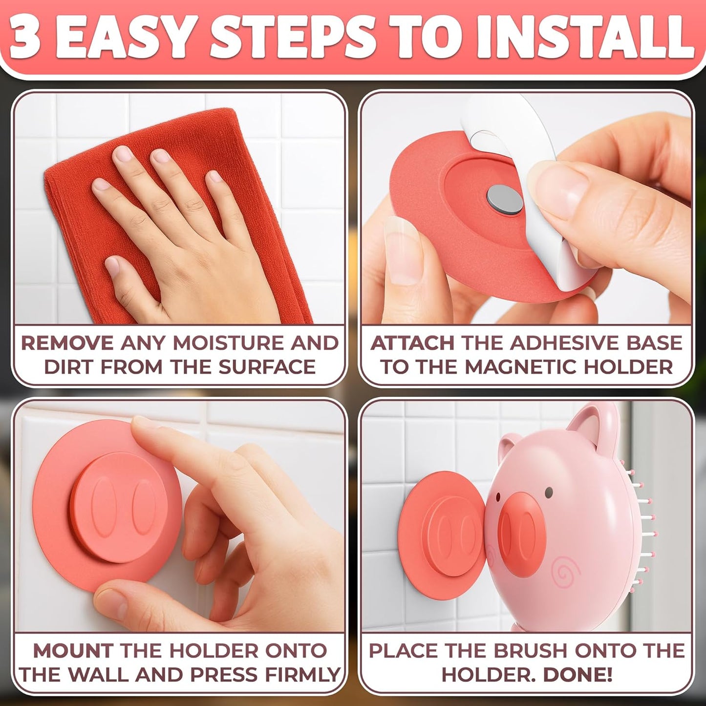 Retractable Hair Brush Pink Pig Designed - Compact 7.87 х 3.66 Inches Self Cleaning Hair Brush for Women with Magnetic Attach - Effective Detangling & Self Cleaning Hairbrushes with Soft Bristles