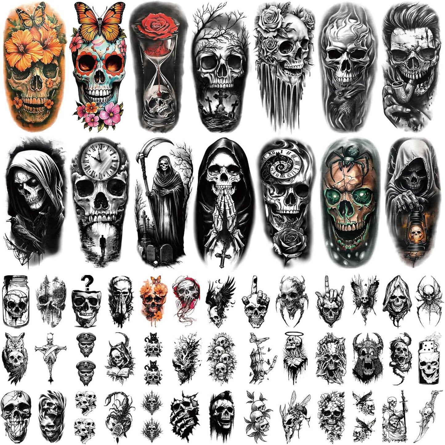 Skull Temporary Tattoos for Adults, 77 Sheets Skeleton Gothic Fake Tattoos for Men and Women, Black Large Sleeve Tattoo Stickers for Kids