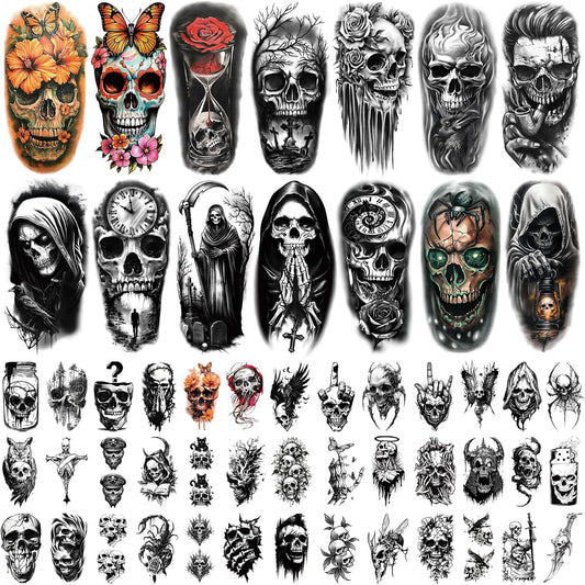 Skull Temporary Tattoos for Adults, 77 Sheets Skeleton Gothic Fake Tattoos for Men and Women, Black Large Sleeve Tattoo Stickers for Kids