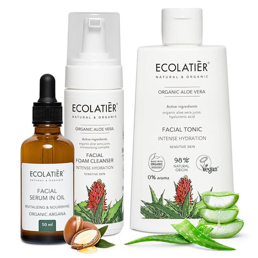 Facial Foam Cleanser, Tonic & Serum Bundle - Organic Aloe Vera & Argana - Hydrating, Nourishing, & Anti-Aging Skincare Set for All Skin Types, Vegan & Natural