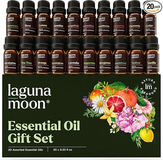 Essential Oils Set - Top 20 Gift Set Oils for Diffusers, Humidifiers, Soaps, Aromatherapy, Candle Making Scents, Cars & Home Products - Peppermint, Tea Tree, Lavender, Eucalyptus, Lemongrass (10mL)