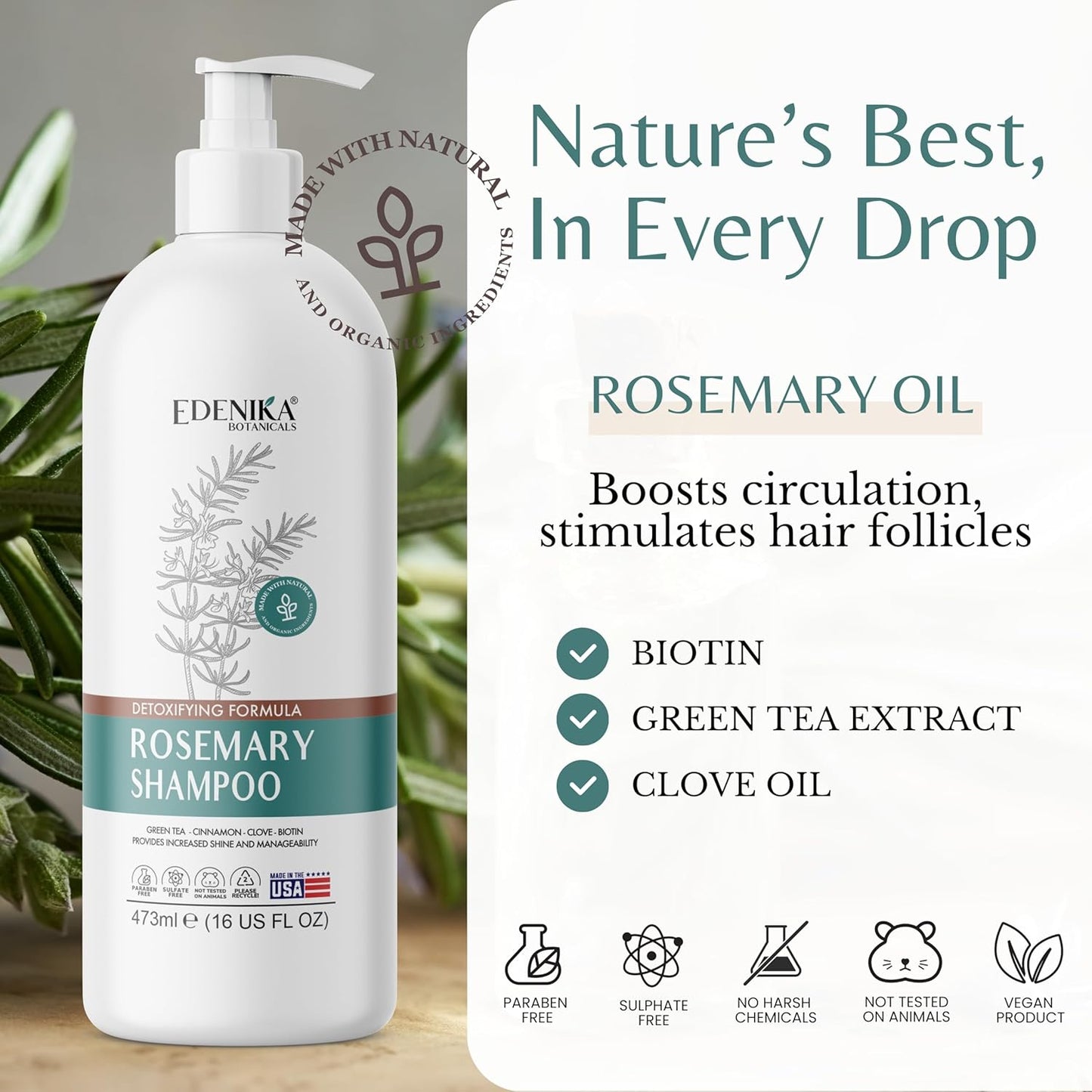 Rosemary Oil Shampoo with Biotin for Thinning Hair & Anti-Hair Loss, Strengthening Botanical Formula, Women & Men, Sulfate-Free, Organic, 16 fl oz