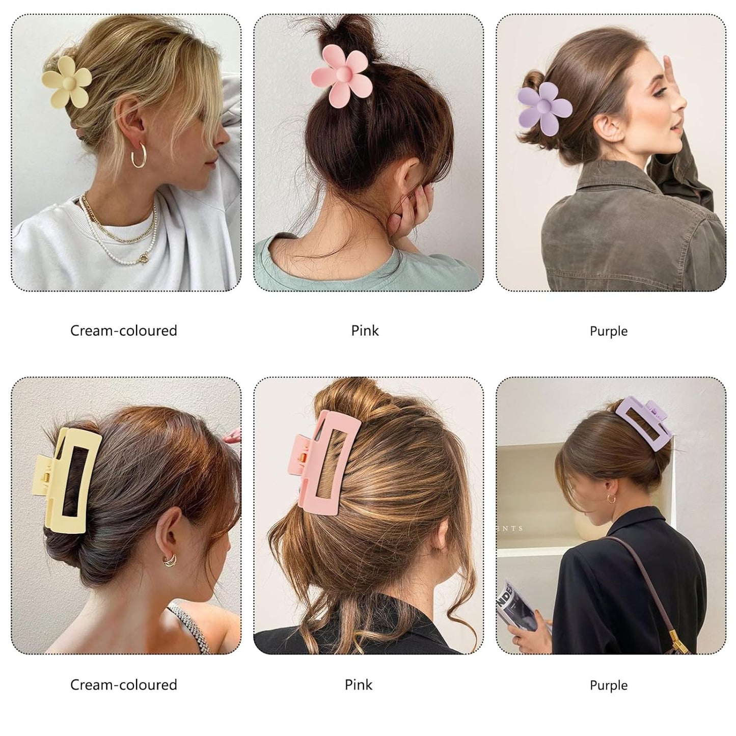 6 Pack Large Claw Clips for Women, Square & Flower Hair Clips for Thick Hair, Matte pink & purple Colors