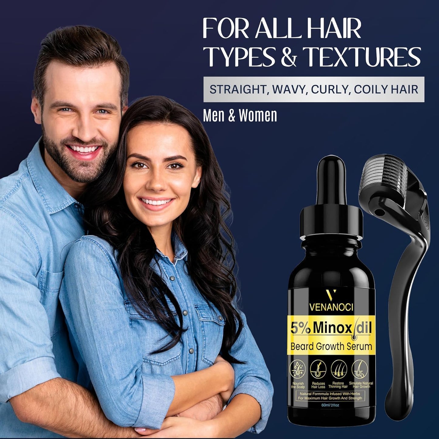 5% Minoxidil for Men Beard Growth Kit: Venanoci Hair Regrowth Oil with Biotin & Rosemary – Thicker, Fuller Beard & Hair – Stop Hair Loss & Thinning – Hair Growth Serum Treatment