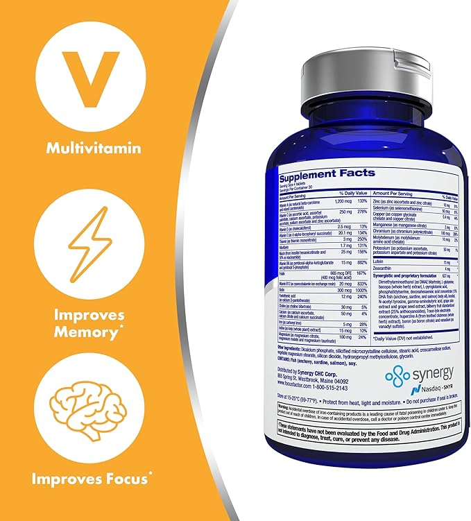 Focus Factor Adults Brain and Vision Supplement, 120 Count- Eye Vitamin, Mineral Supplement, Complete Multivitamin with Lutein & Zeaxanthin-Brain Supplement for Focus, Concentration, Memory (2 Pk)