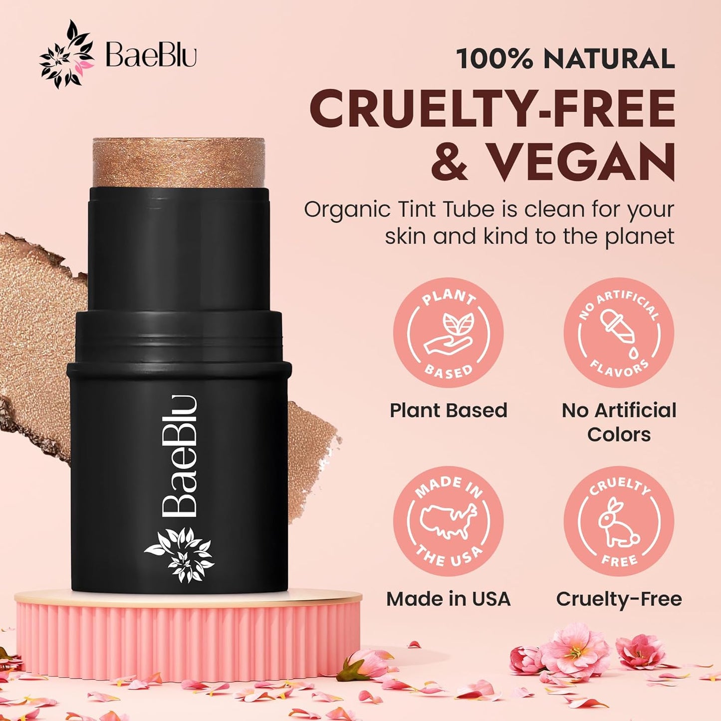 BaeBlu - Organic Blush Tube, Amaretto - 100% Natural Vegan Cream Blush Sticks, Multi-Use Bronzer, & Highlighter for Lips, Cheeks & Eyes, Buildable Shimmer, Gluten-Free, Paraben-Free, Made in USA