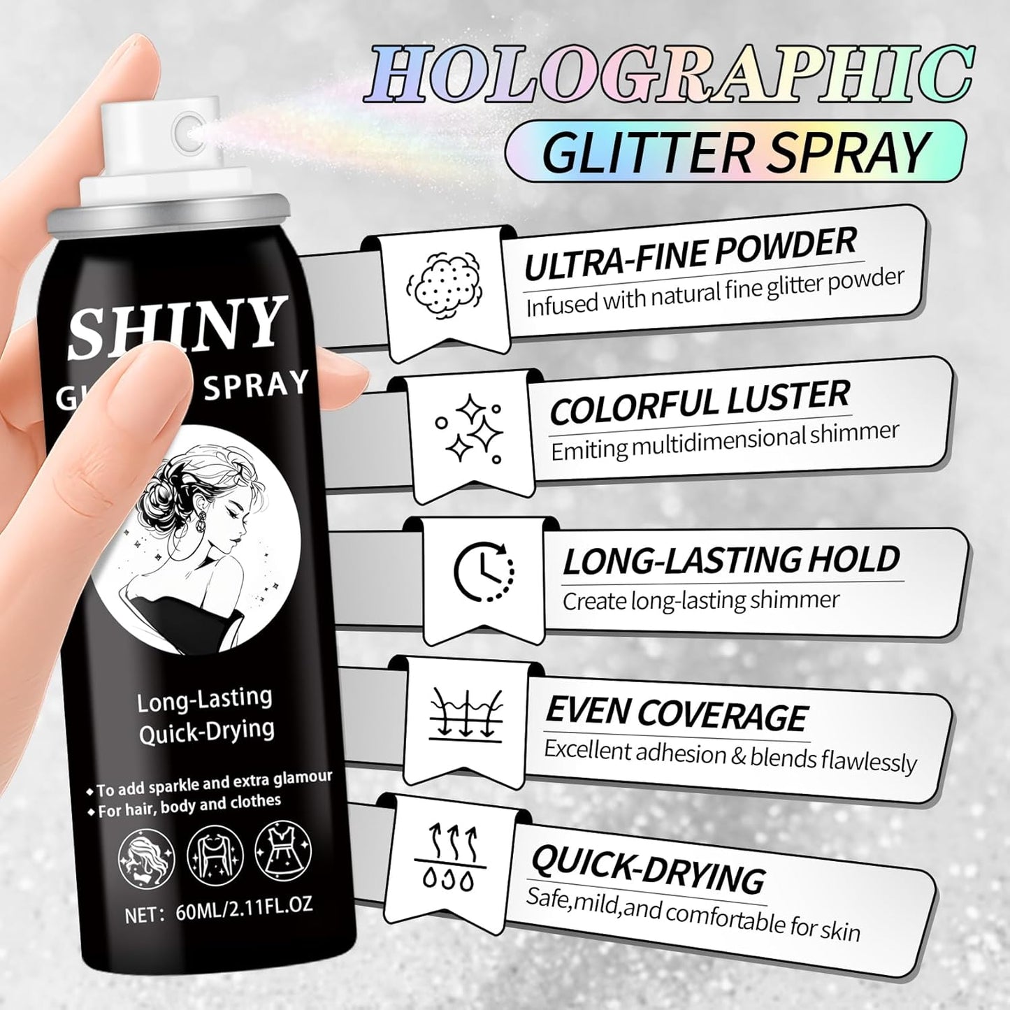 Glitter Spray for Hair and Body,Holographic Hair Glitter for Kids & Teenagers,Long-Lasting,Quick-Drying,Suitable for Festival Music Concert Party Rave Accessories (Rainy-Rainbow)